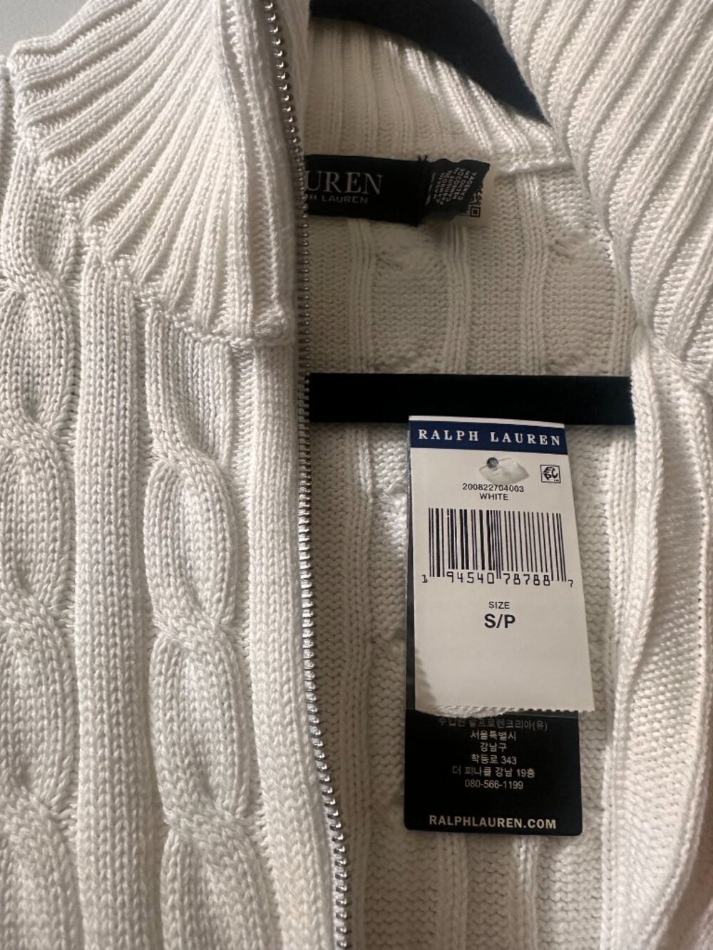 Ralph Lauren White Cable-Knit Cotton Full-Zip Sweater Size S - Picture 5 of 9